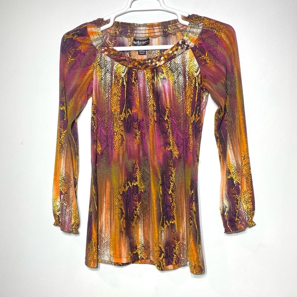 Self Esteem Snakeskin Tunic Top Women’s M Multicolor Braided Neck Casual Stretch